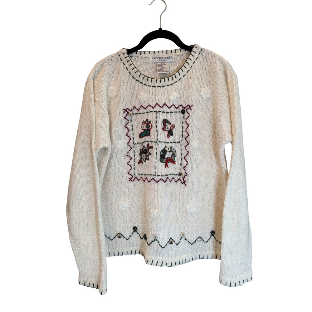 Victoria Jones Petite Christmas Sweater Cream Embroidered Holiday Vintage PL
